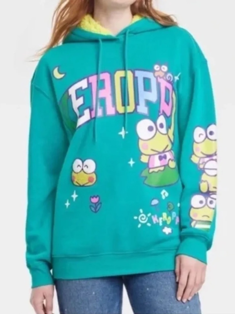 Sanrio Keroppi Graphic Hoodie Sweatshirt Fuzzy Lined Green Oversized Size XS